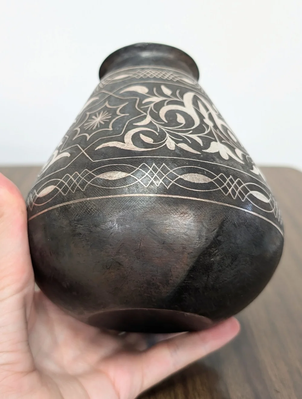 Antique Islamic Indo-Persian Bidriware Gray With Silver Koftgari Florals Vase